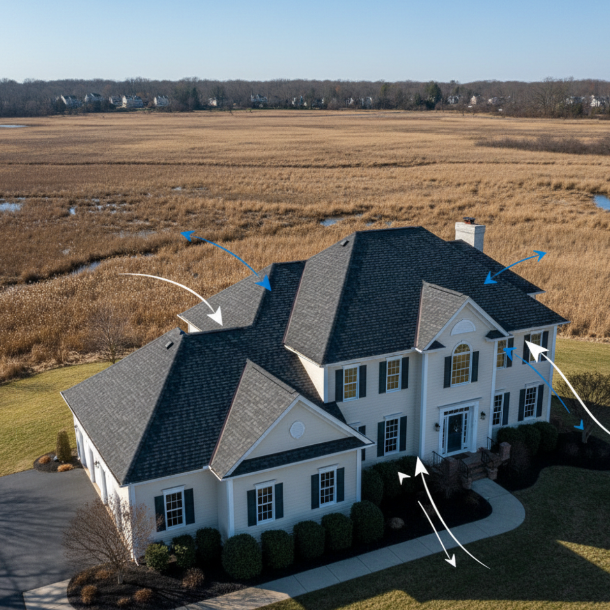 Aerial drone-style photo of a Marlton/Kings Grant home with open backyard facing wetlands. Highlight Landmark Premium roof with deep dimensionality and heavy asphalt mass. Subtle arrows showing wind direction and exposure.
