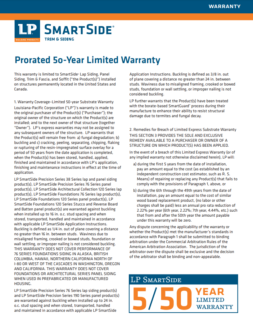 LP Smartside 50 Year Warranty
