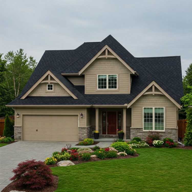 rgb-construction-asphalt-roofing.jpg A beige house with a black asphalt roof and green lawn.