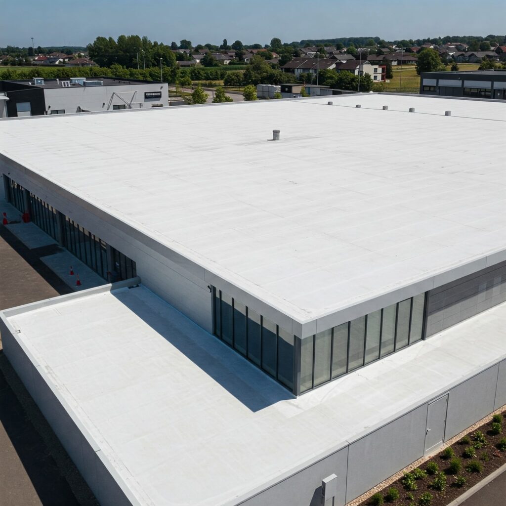 Aerial View Of A Commercial Building With A Bright White Tpo Single-Ply Flat Roof.