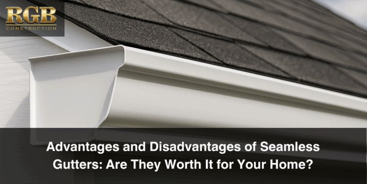 Advantages and Disadvantages of Seamless Gutters is on the bottom of an image of a seamless gutter and shingles.