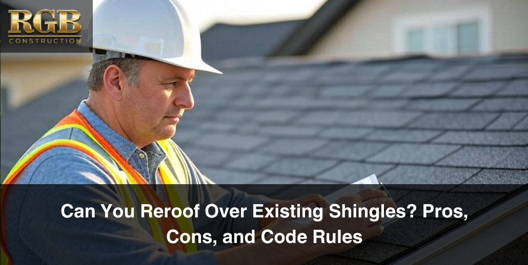 Can you reroof over existing shingles? A roofer in a hard hat contemplates.