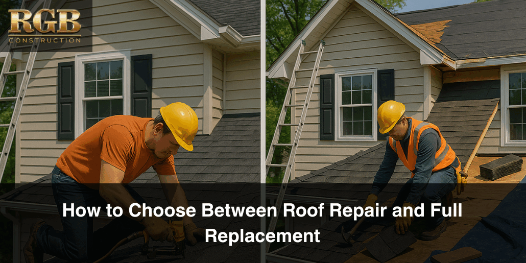 Two roofing contractors consider roof repair vs replacement for a house