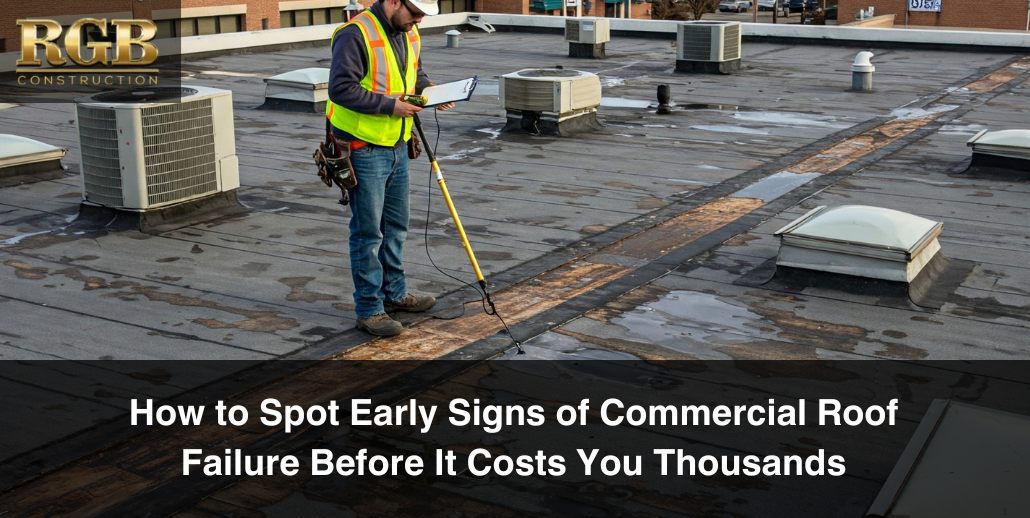 A roofing contractor looks for commercial roof failure signs.