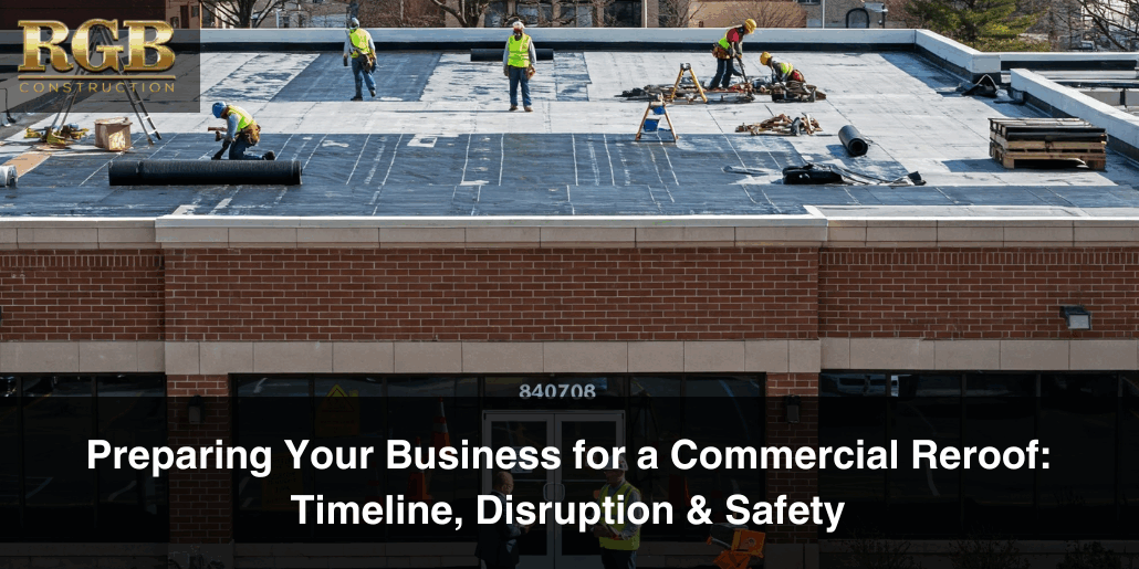 Roofers conduct commercial roof replacement preparation while standing on a flat roof