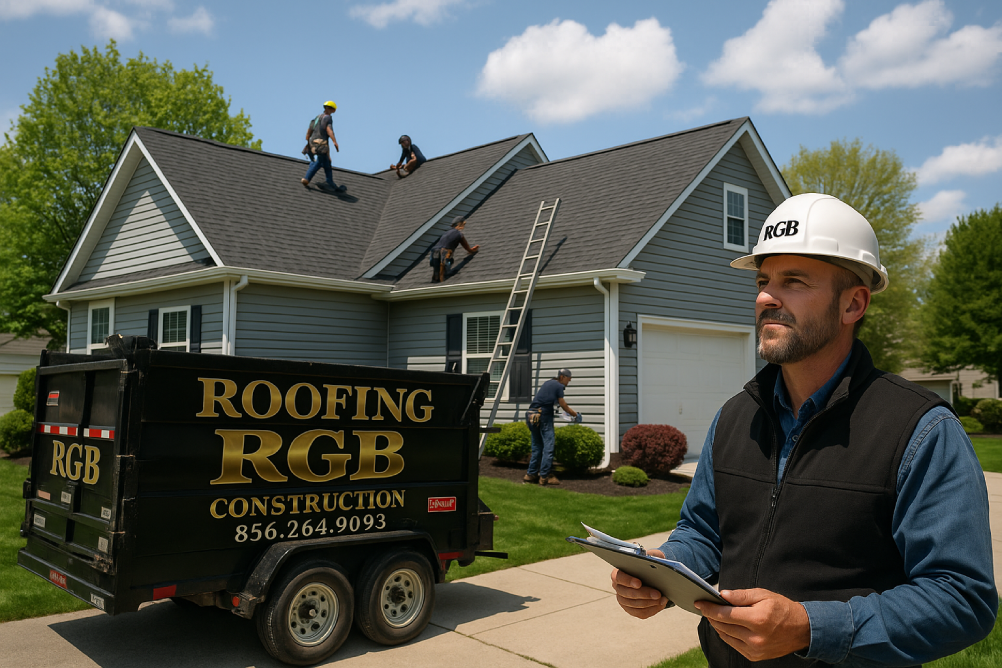 Rgb Construction Crew Replacing Roof Shingles On A Gloucester County Home With Gaf Materials And Spring Landscaping Visible