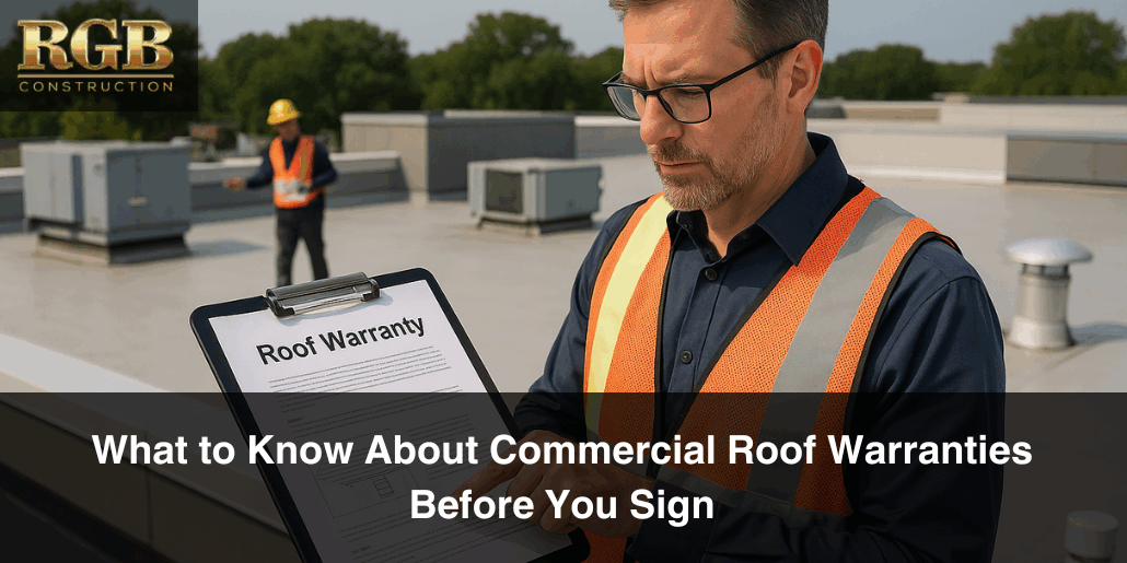 A roofing contractor explains the commercial roof warranty during a replacement