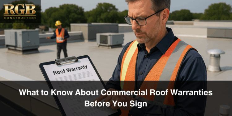 A roofing contractor explains the commercial roof warranty during a replacement