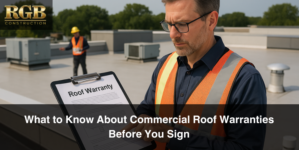 A roofing contractor explains the commercial roof warranty during a replacement