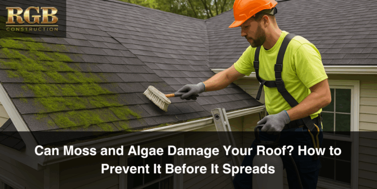 A roofing contractor correcting moss and algae damage on a roof.