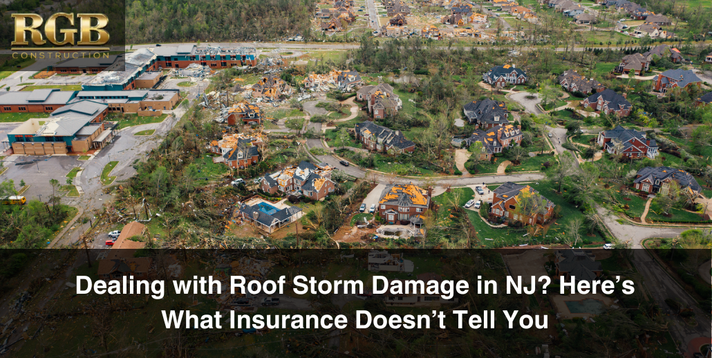 Roof storm damage in NJ seen from overhead. Numerous houses are affected.