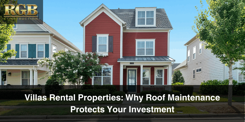 A rental property with red siding and a gray roof that has clearly had roof maintenance done to keep it looking beautiful