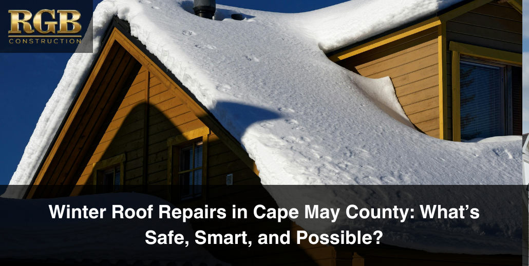 A roof with snow on it that may be in need of winter roof repairs