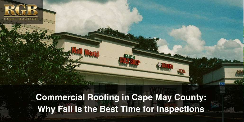 Commercial roofing in Cape May County at a shopping plaza. Even here, commercial roofing needs maintenance.