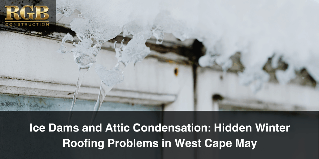 Close up of an ice dam on a roof. Ice dams and attic condensation are big problems in the winter.