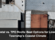 An overhead view of metal and TPO roofing