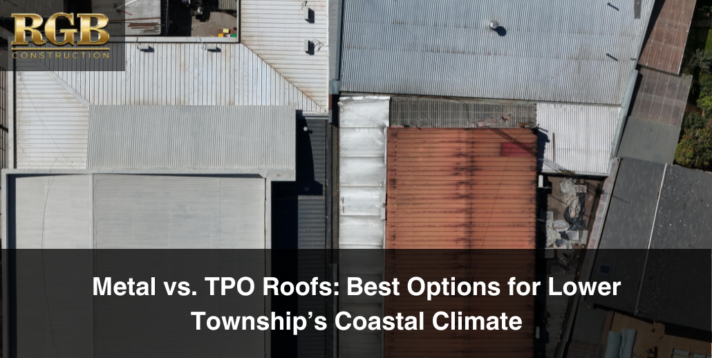 An overhead view of metal and TPO roofing