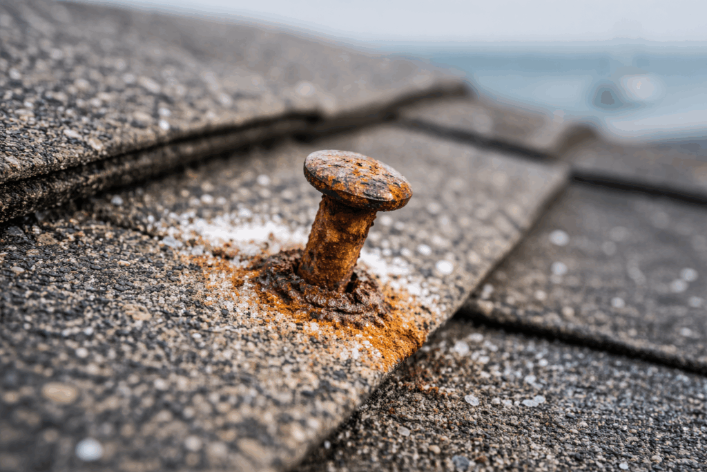 A Popped Nail Head Showing Signs Of Salt-Driven Corrosion On An Asphalt Shingle Roof