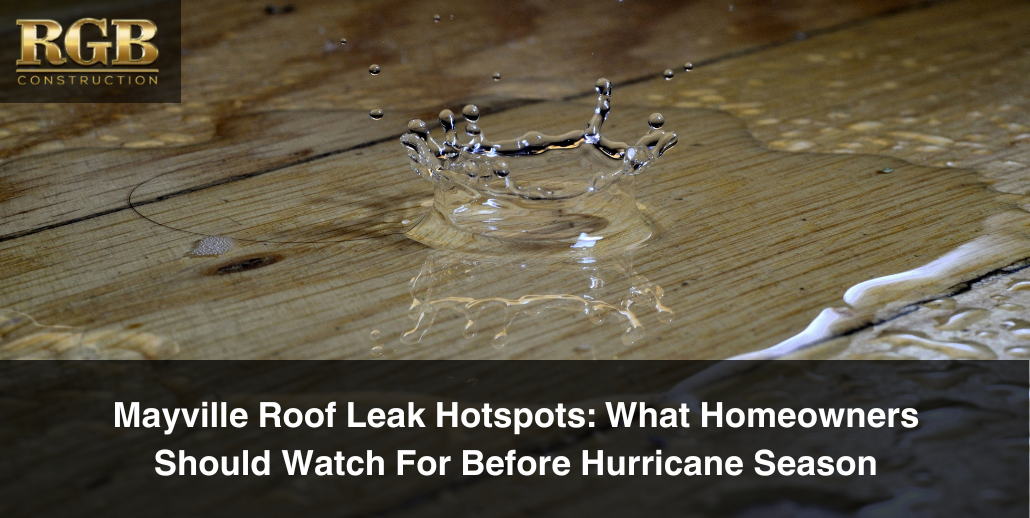 Water dripping onto wood floor, probably caused by a Mayville roof leak hotspot left unfixed.