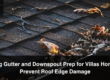 Leaves and twigs clogging a gutter on a home. This may lead to roof edge damages and leaks