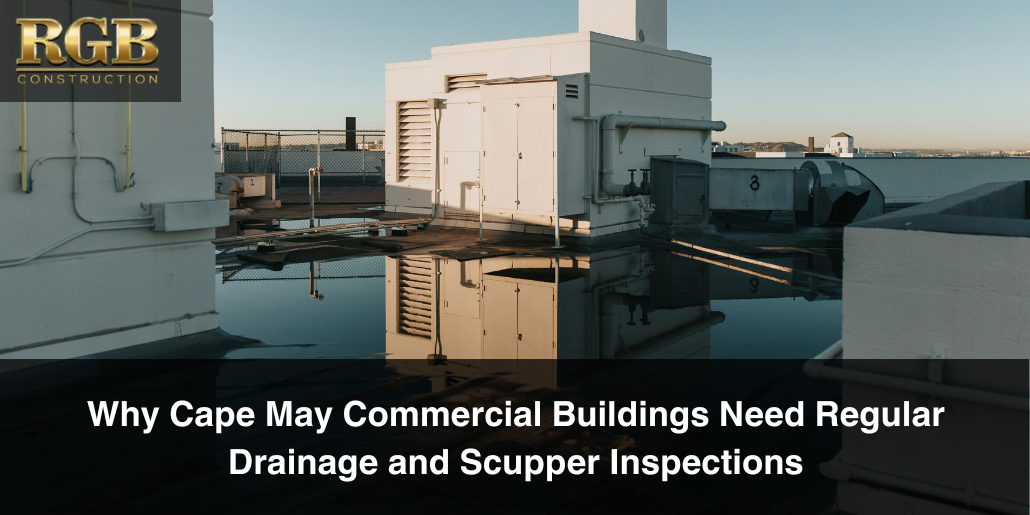 A commercial roof with ponded water that could use a drainage and scupper inspection