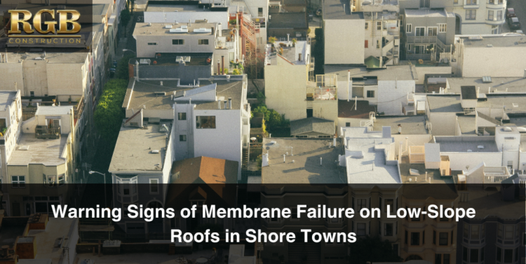 A number of flat and low-slope roofs. Some have signs of membrane failure.